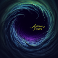A dark, swirling vortex with shades of blue and green, centered around the glowing words Antimemetics Division, representing an antimemetic force consuming itself.