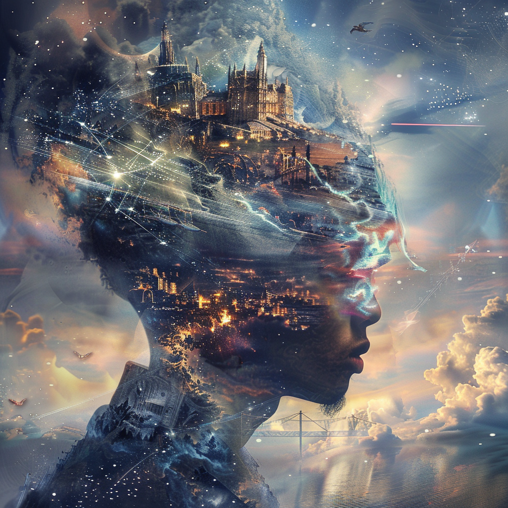 A surreal image depicting a person's silhouette filled with cosmic and fantastical elements, including a castle and glowing stars, inspired by the quote Truth is a matter of the imagination.