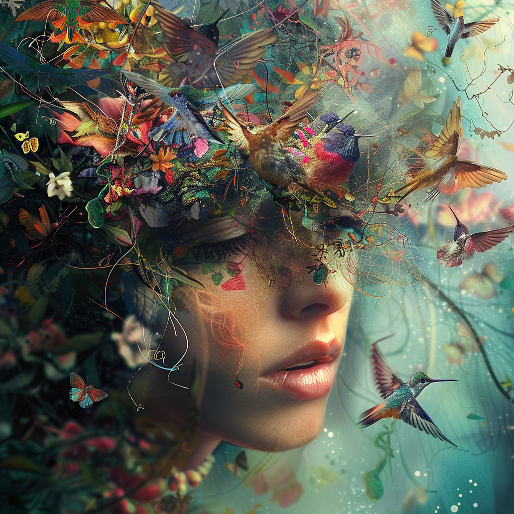 A woman's face is intertwined with vibrant flowers, foliage, and hummingbirds, evoking a surreal and imaginative scene inspired by the quote, Truth is a matter of the imagination.