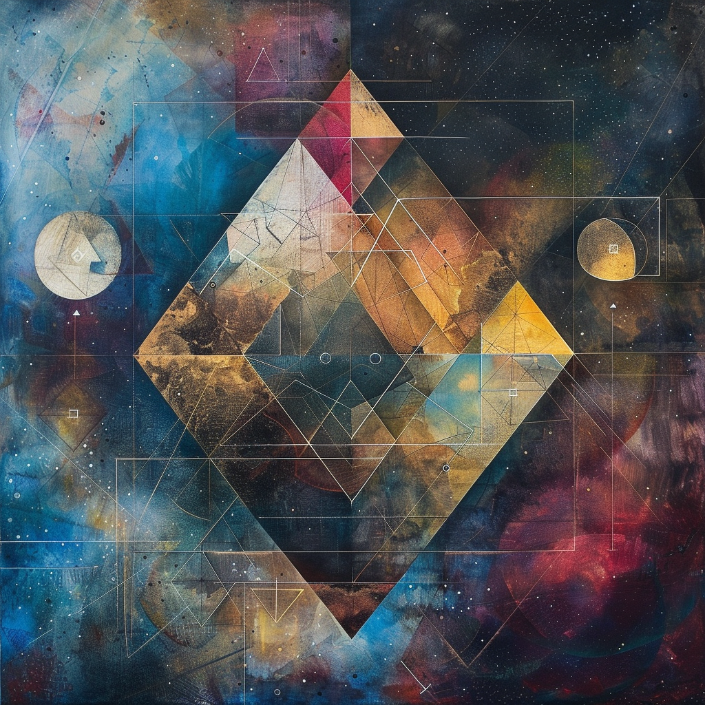 A geometric abstract artwork featuring overlapping triangles, diamonds, and circles against a cosmic background. Inspired by the quote: Truth is a matter of the imagination.