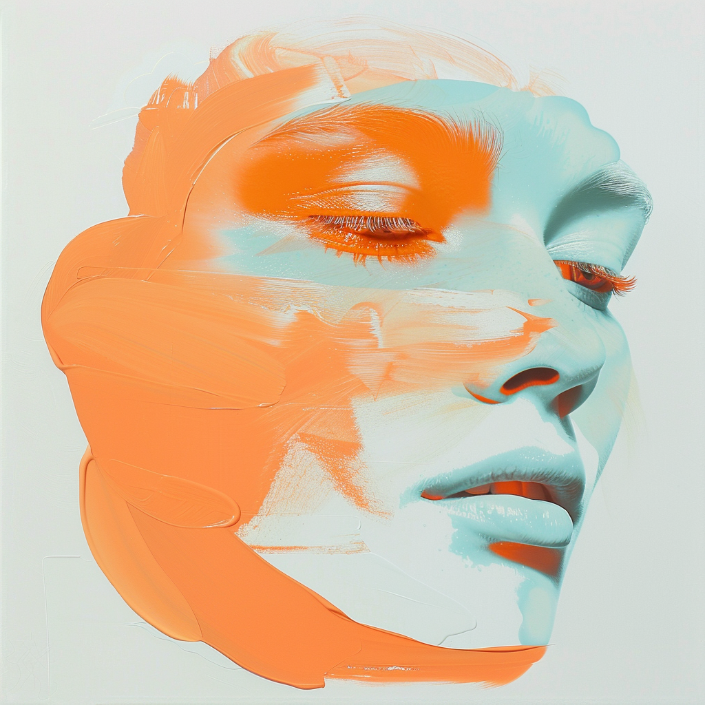 A surreal portrait of a woman's face painted with broad, abstract strokes of orange and light blue, inspired by the quote, Truth is a matter of the imagination.