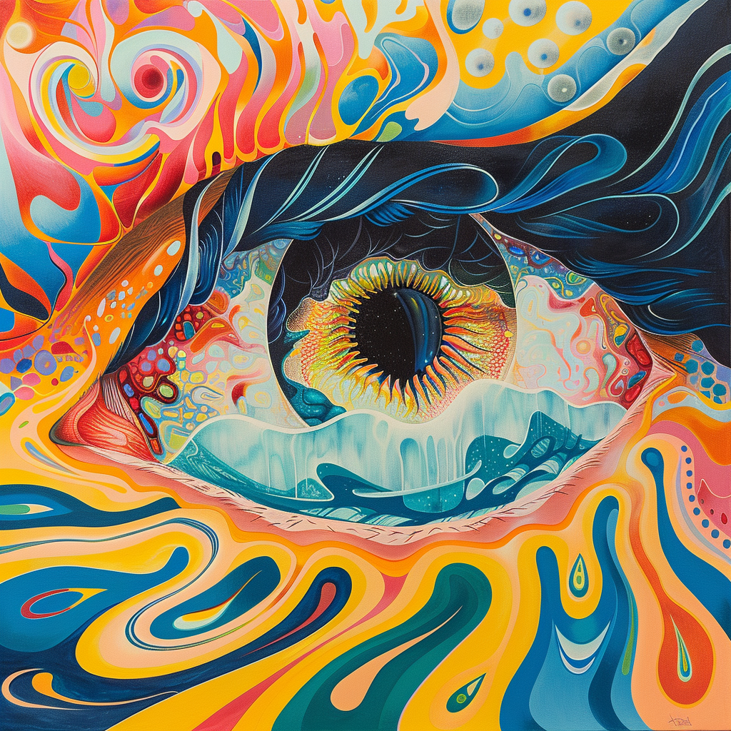 A colorful, surreal illustration of an eye surrounded by vibrant, swirling abstract patterns, embodying the essence of the quote: Truth is a matter of the imagination.