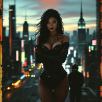 A confident woman in a black corset and fishnet stockings stands in a cityscape at twilight, embodying strength and vulnerability in the exploration of deep desires.