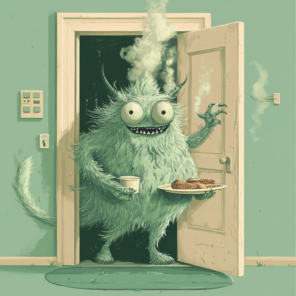 A huge furry creature with horns and big eyes, carrying a lunch tray with food and a cup, stands in a doorway, illustrated in response to a book quote.