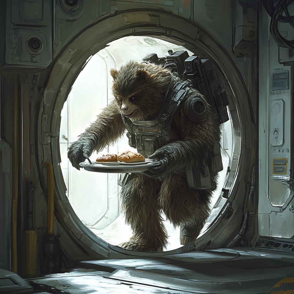 A huge furry creature wearing a spacesuit and a backpack bounds through a spaceship door, holding a lunch tray.