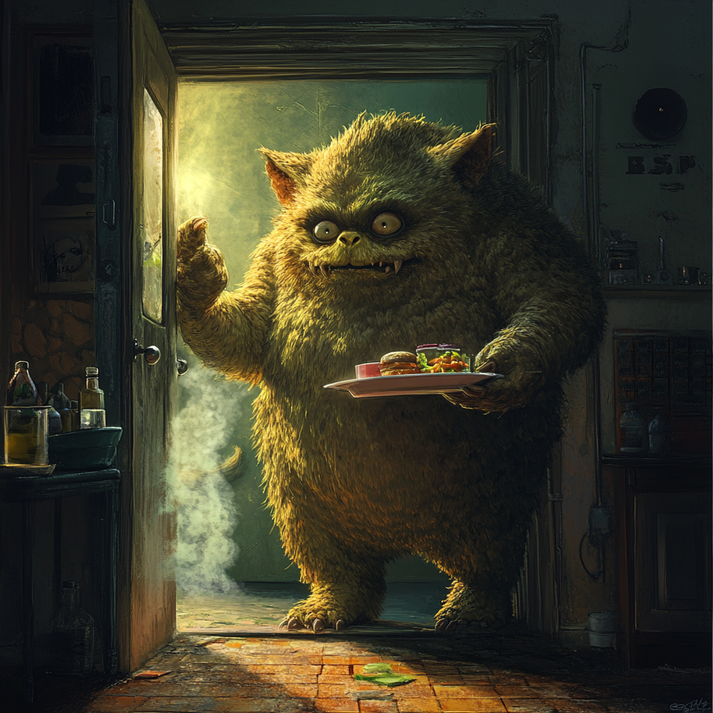 A huge furry creature with sharp teeth and pointy ears steps through a door, holding a lunch tray filled with food, referencing a book quote. Steam rises from the tray, and the room is dimly lit.