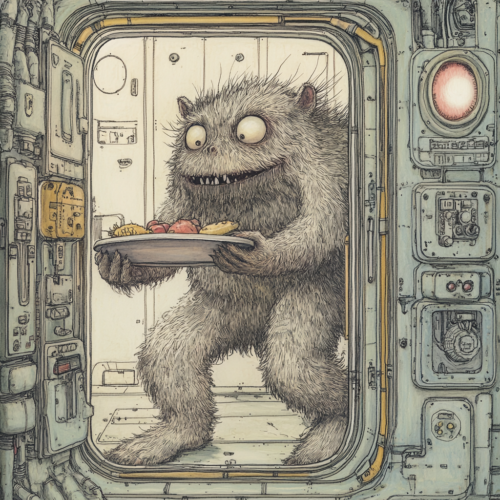 A huge furry creature with a wide grin bounds through a futuristic doorway, holding a lunch tray with various food items.