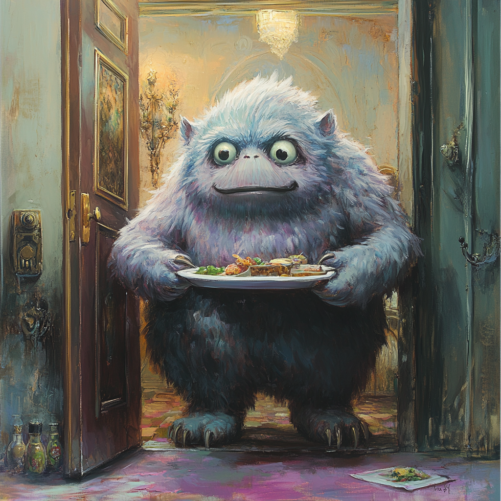 A huge, furry creature with wide eyes stands at an open door, holding a lunch tray with assorted food. The scene aligns with the quote, A huge furry creature bounded through the door with his lunch tray.