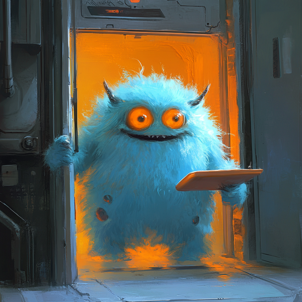 A huge furry creature with bright orange eyes and small horns is standing in a doorway, holding a lunch tray.