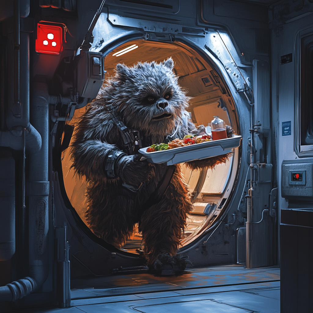 A huge furry creature bounded through a spaceship door, holding a lunch tray with food, inspired by the book quote, A huge furry creature bounded through the door with his lunch tray.