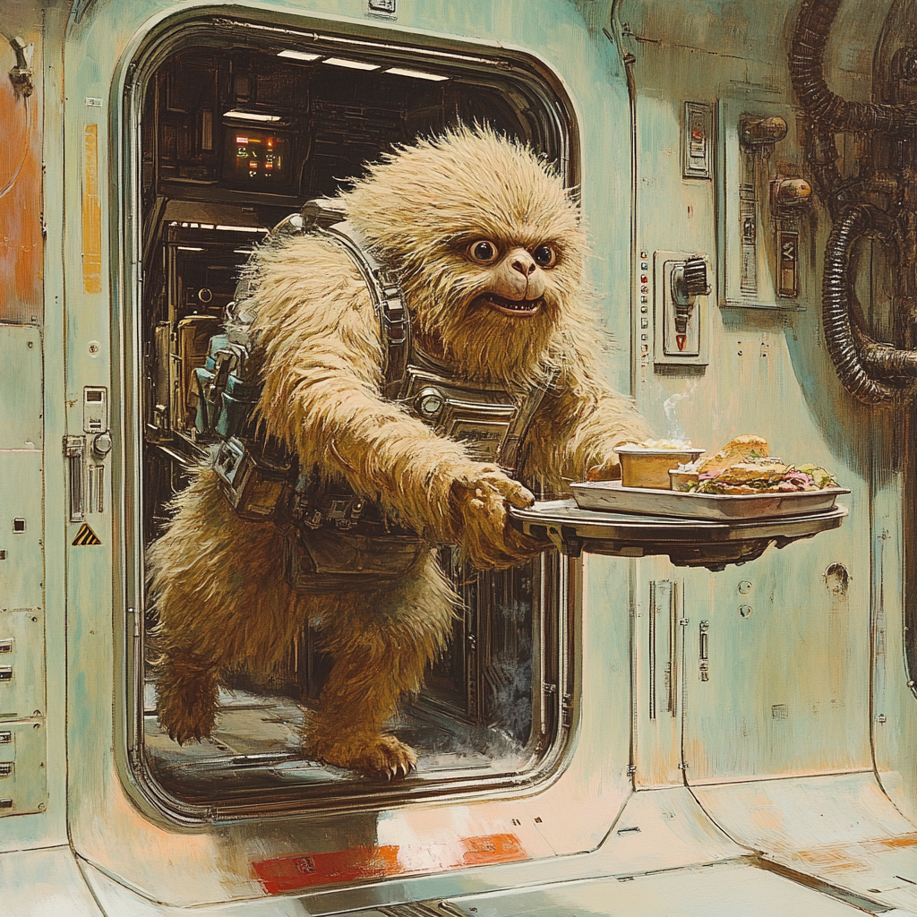 A large, furry creature carrying a lunch tray bursts through a door in a spaceship-like setting.