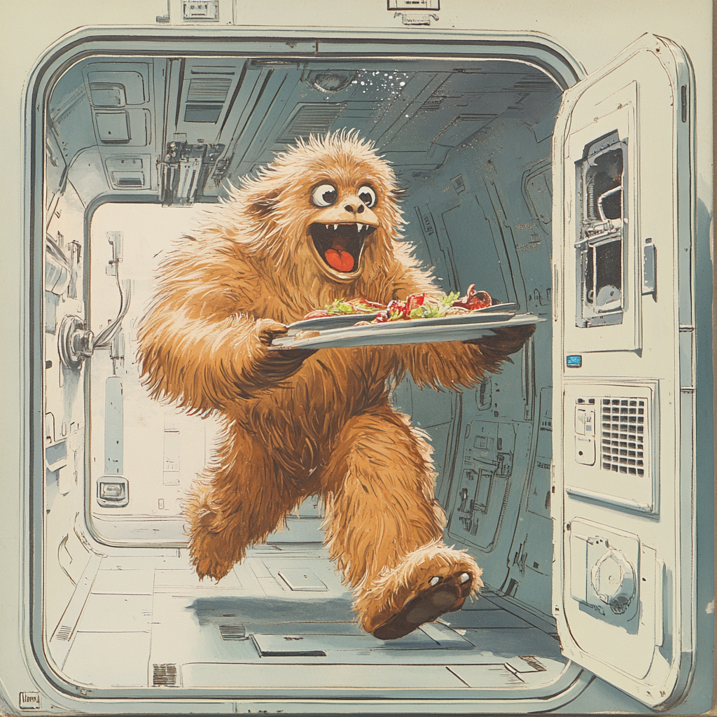 A huge furry creature, with a joyous expression, bounds through a spaceship door holding a lunch tray, inspired by the book quote: A huge furry creature bounded through the door with his lunch tray.