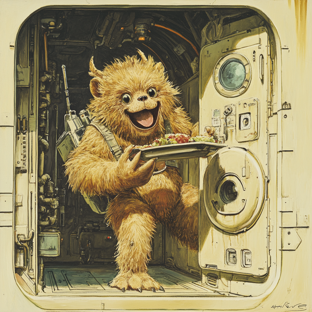 A huge furry creature with a cheery expression bounds through a door, carrying a lunch tray. The setting appears mechanical and industrial.