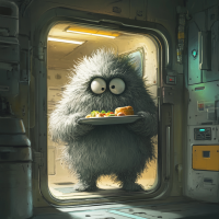 A huge furry creature with wide eyes stands in a doorway, holding a lunch tray with food, inspired by a book quote. The setting appears to be a sci-fi or futuristic environment.