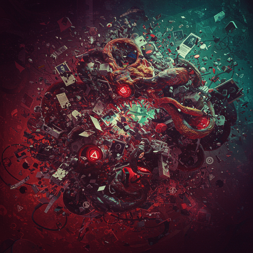 A chaotic, dark mass of fragmented cards and glowing symbols swirls around an indistinct, tentacle-like form, embodying an antimemetic force erasing the idea of the Antimemetics Division.