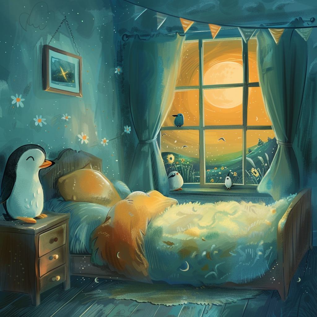 A serene bedroom with a cozy bed, glowing under the soft light of dawn. A window shows a peaceful landscape, echoed by a quote: Isn't it nice to think that tomorrow is a new day with no mistakes in it yet?