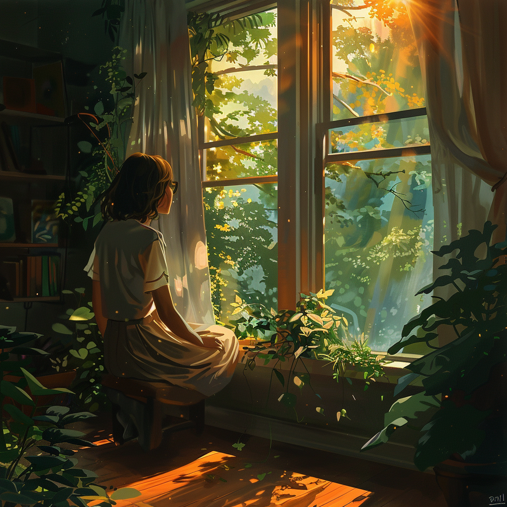 A girl sits by a window bathed in warm sunlight, surrounded by lush houseplants, looking thoughtfully outside. Inspired by the quote, Isn't it nice to think that tomorrow is a new day with no mistakes in it yet?