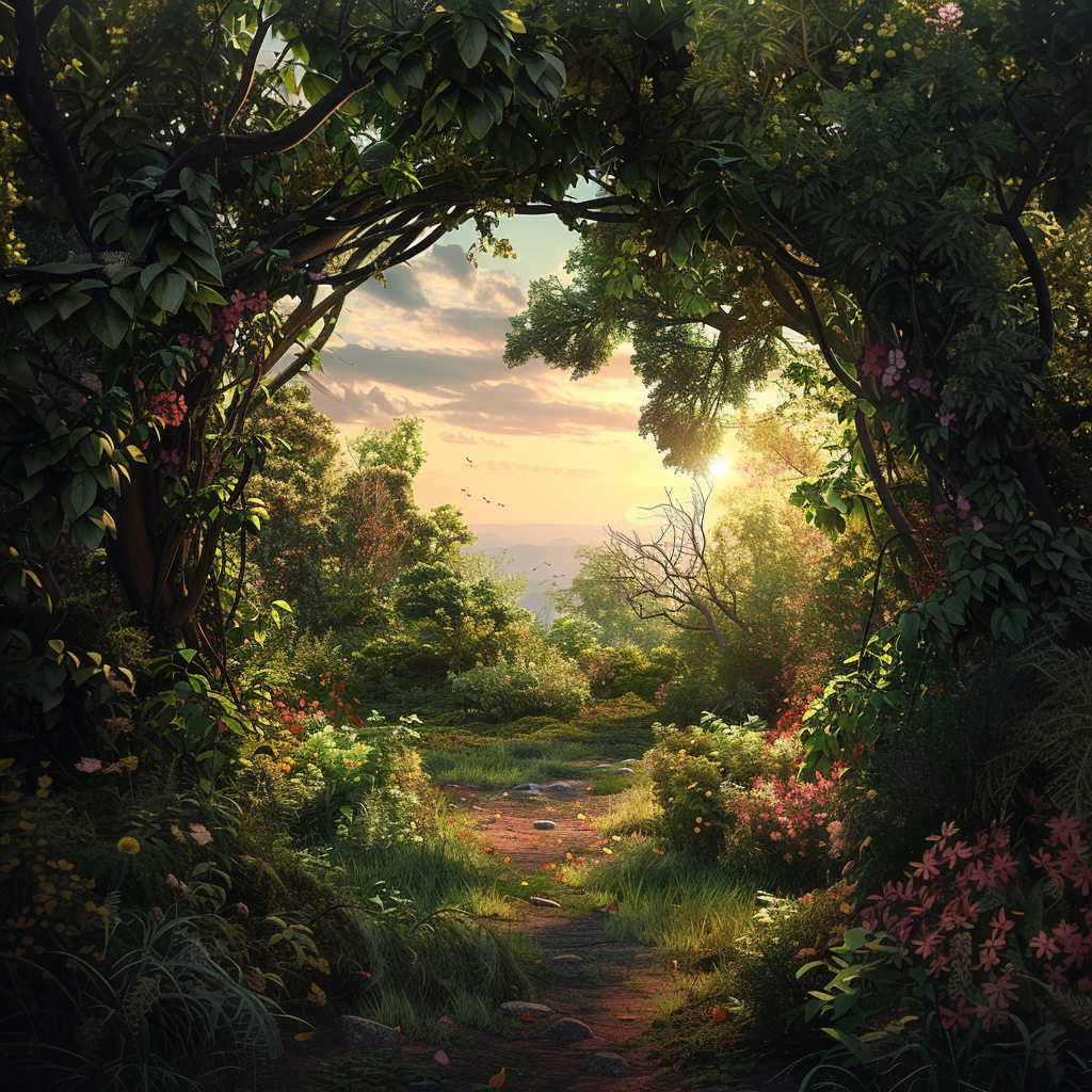 A sunlit forest path framed by lush greenery and colorful flowers leads to a serene horizon, evoking the promise of a new day with no mistakes, inspired by a hopeful book quote.