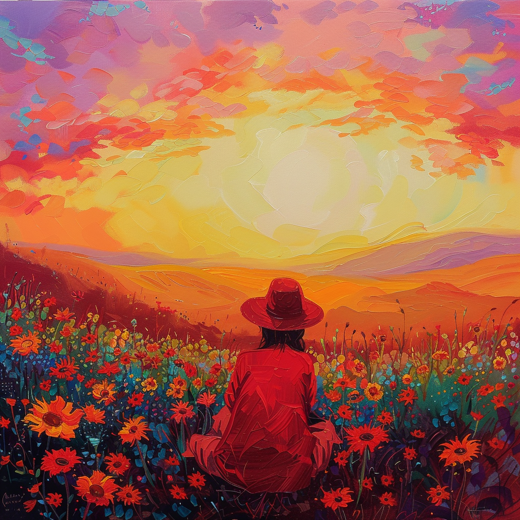 A person in a red hat sits in a vibrant field of flowers, gazing at a colorful sunrise, inspired by the quote: Isn't it nice to think that tomorrow is a new day with no mistakes in it yet?