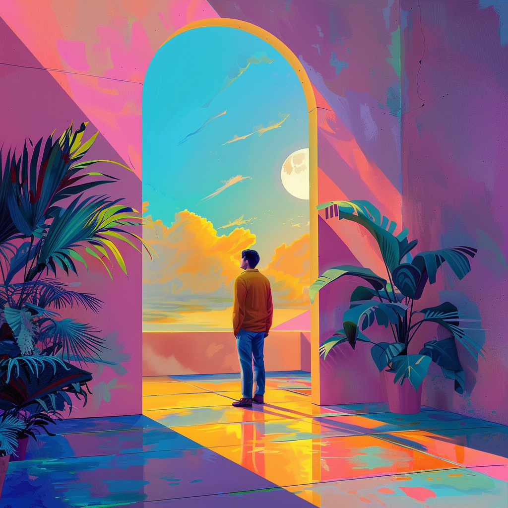 A person stands by an arched doorway, gazing at the vibrant sky. The scene is bathed in colorful light, evoking a sense of hope and new beginnings, echoing the quote about tomorrow being a new day with no mistakes yet.