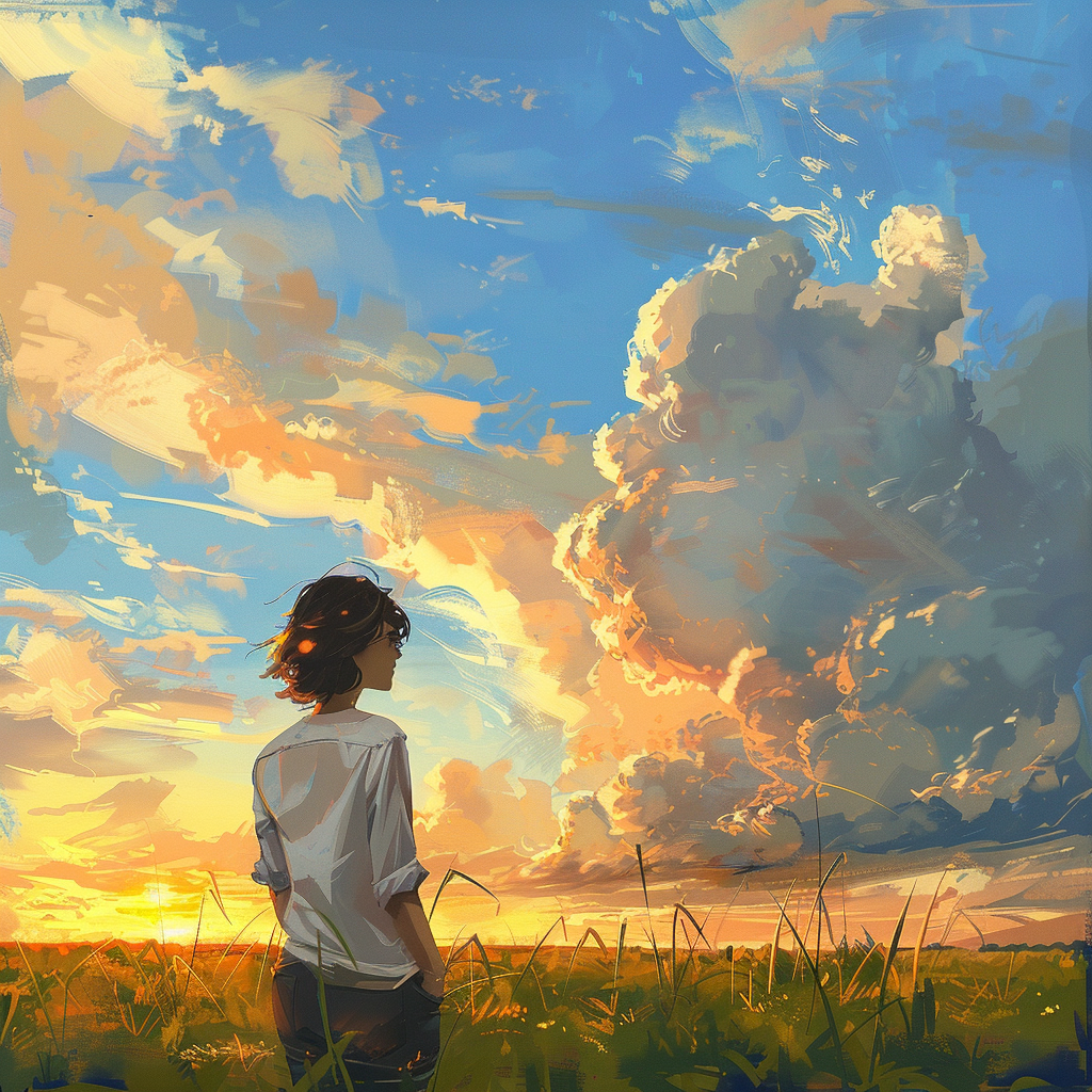 A person stands in a field gazing at a vibrant sunrise with large clouds, evoking the book quote: Isn't it nice to think that tomorrow is a new day with no mistakes in it yet?