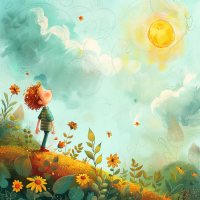 A child stands on a hill adorned with flowers, gazing at a bright sun in a blue sky, embodying the book quote: Isn't it nice to think that tomorrow is a new day with no mistakes in it yet?