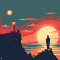 A person stands on a cliff, gazing at a sunrise over the ocean, with a lighthouse in the background. This serene scene reflects the hopeful sentiment of tomorrow is a new day with no mistakes in it yet.