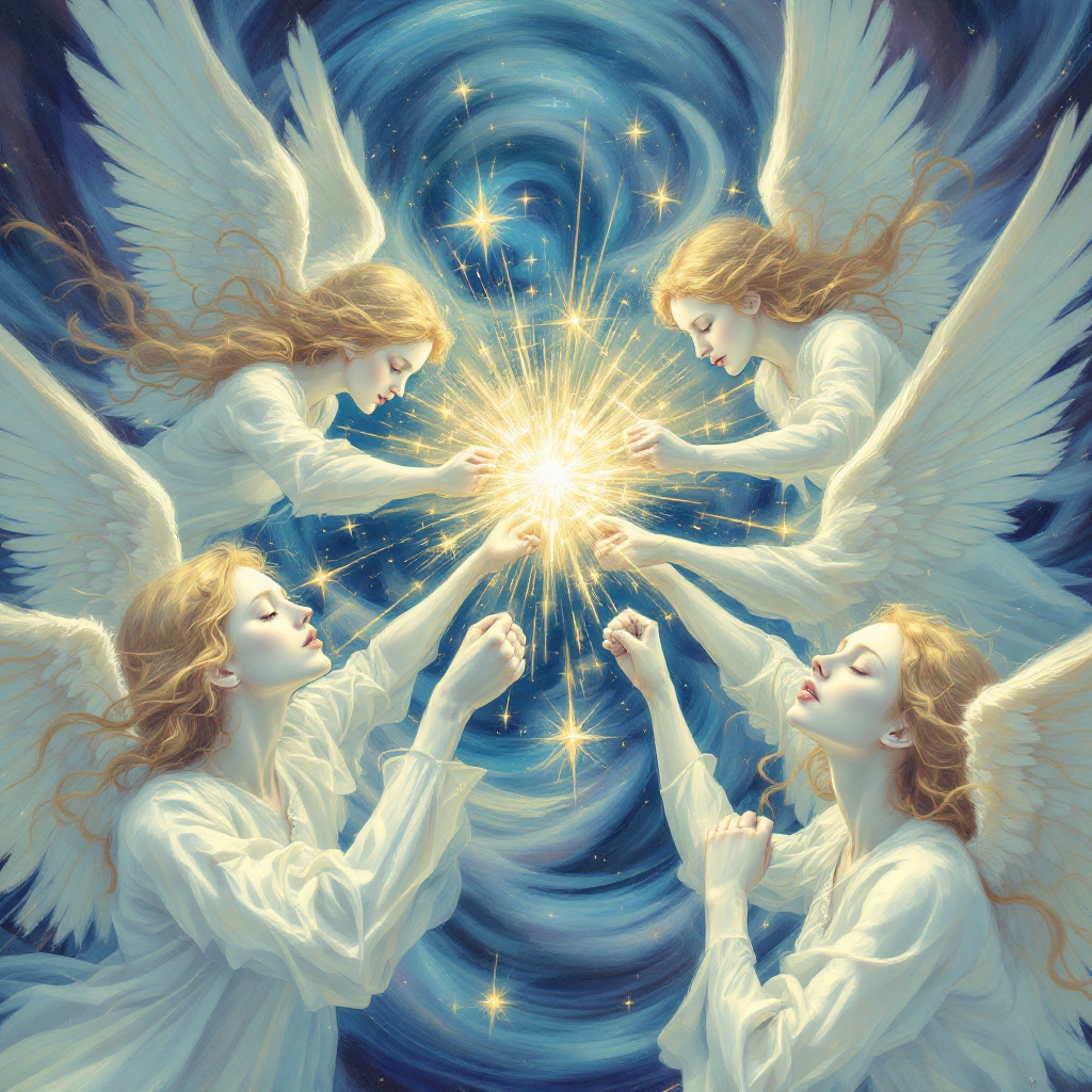 Four ethereal angels with flowing hair and wings reach toward a radiant burst of light, set against a swirling, cosmic background, embodying the intense imagery of Angels of Punching You in the Face.