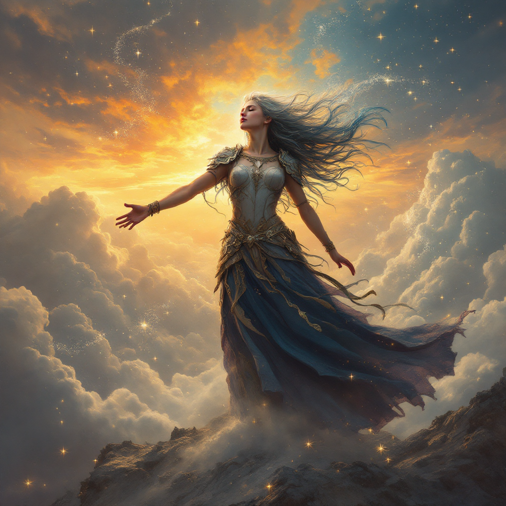 A determined woman stands atop a mountain, arms outstretched, as vibrant clouds and a radiant sunset behind her symbolize resilience and strength in the face of life's defeats.