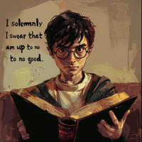 A young person with round glasses and messy hair, holding an open book with a determined look, next to the text I solemnly swear that I am up to no good.