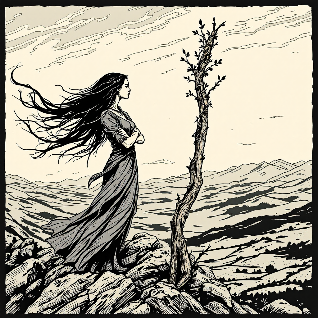 A woman stands atop a rocky cliff, her flowing dress and hair billowing in the wind, gazing thoughtfully into the vast landscape, embodying the wisdom of wielding power wisely.