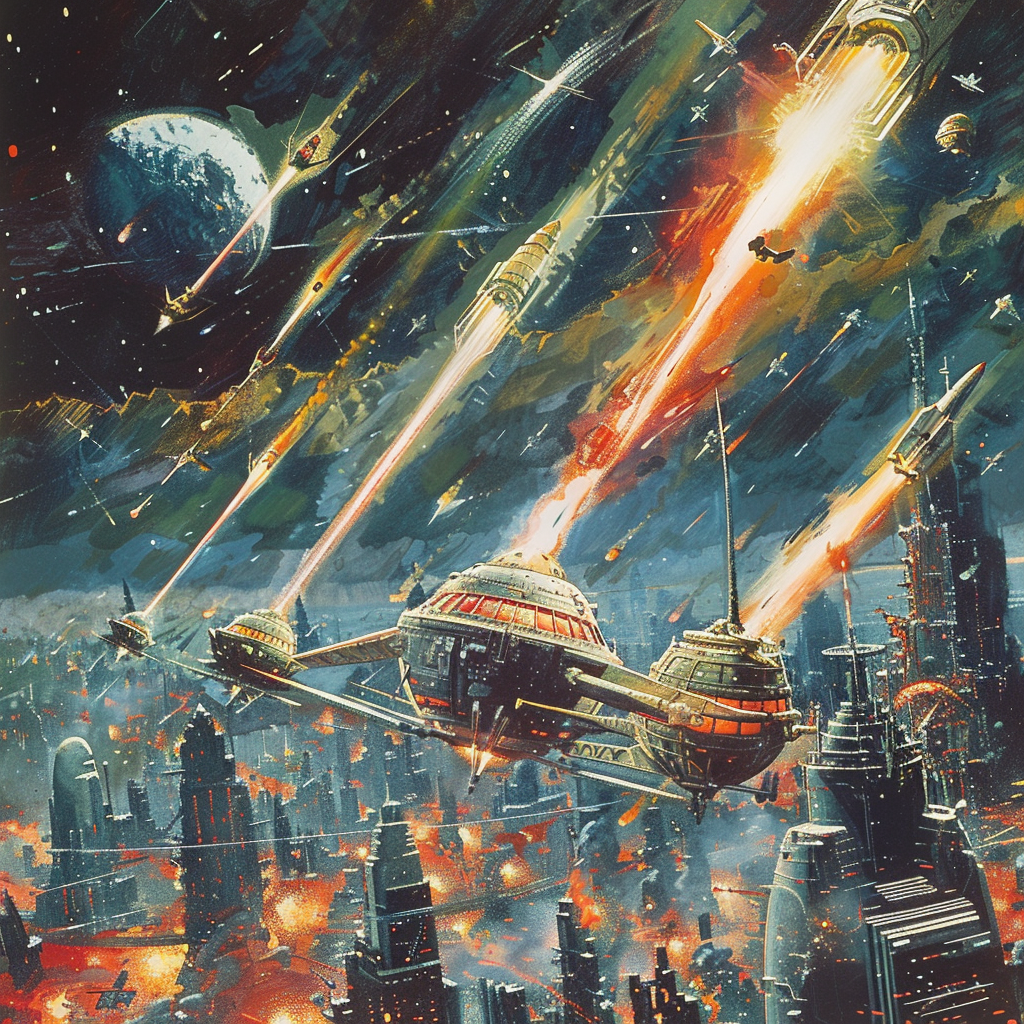 A futuristic city under attack with spaceships firing bright beams amidst explosive defensive countermeasures, with a distant planet visible in the background.