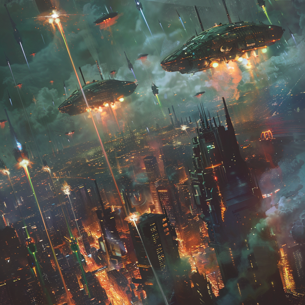 UFOs hover above a futuristic city under attack. Explosions and beams of light from defense systems illuminate the dark, cloudy sky, capturing the chaos described in the book's quote.