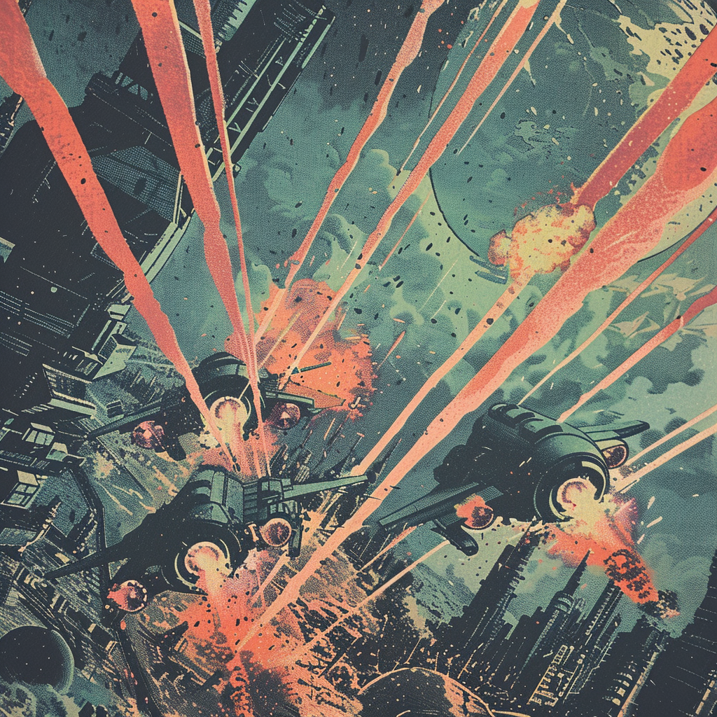 Explosions and beams of light dominate the sky over a futuristic city as aircraft engage in intense combat, referencing the chaos described in the book quote.