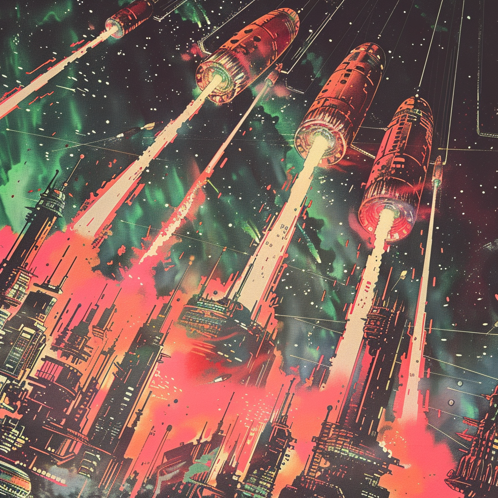 Four rockets soar through a night sky above a futuristic cityscape, trails of light following their ascent. The scene is chaotic, evoking a tense military defense scenario.