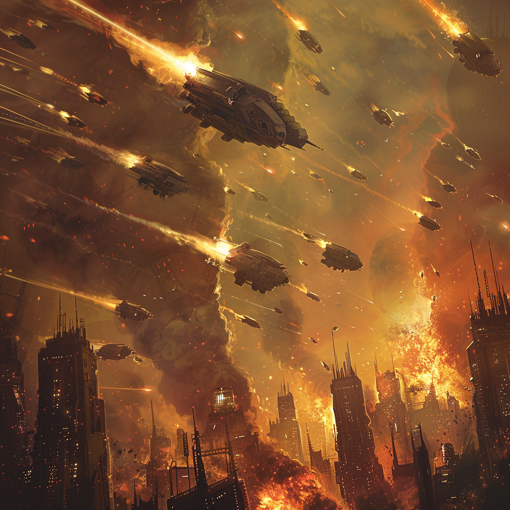 A futuristic city under heavy attack with numerous spaceships descending amidst bright explosions and defensive fire, creating a chaotic and fiery scene in the sky.