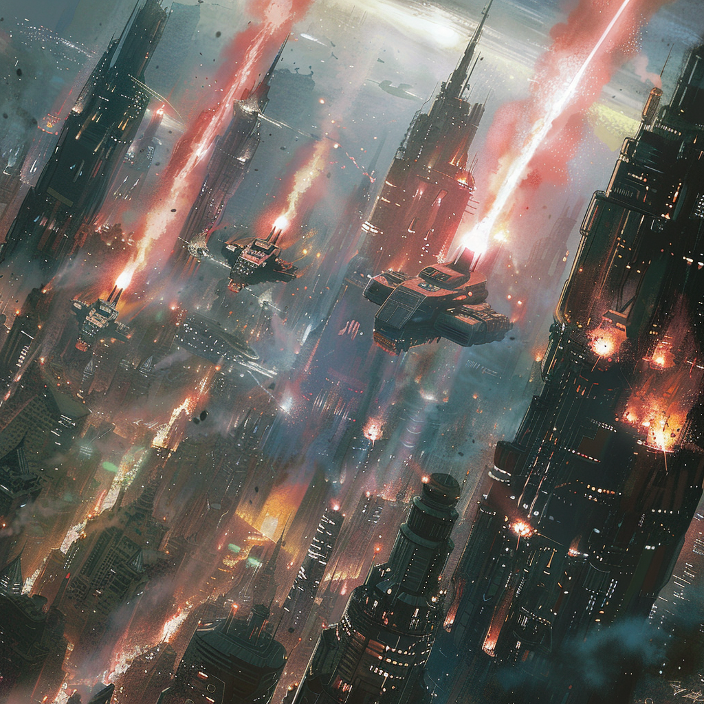 A futuristic city under attack with blazing fire and missile trails. Flying battleships amidst tall skyscrapers are engaged in defensive combat, capturing the chaos described in the book quote.