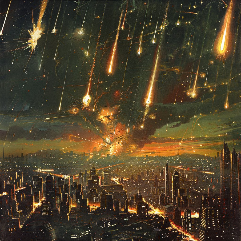 Bright meteors rain down on a futuristic city during twilight, with explosions lighting up the sky, reflecting intense defensive efforts below.