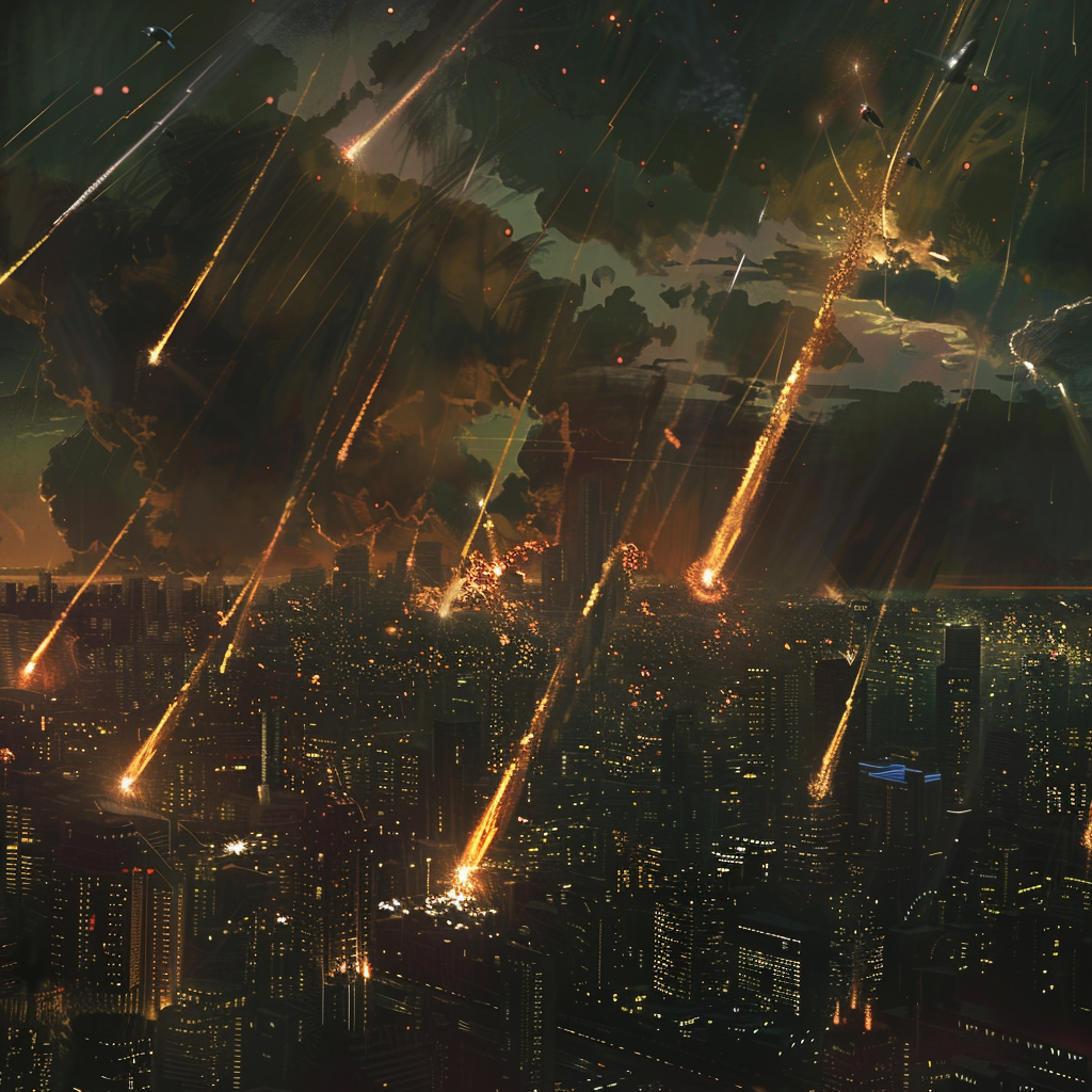 An apocalyptic scene showing bright fiery streaks raining down on a sprawling cityscape, with explosions and defensive projectiles lighting up the dark, stormy sky.