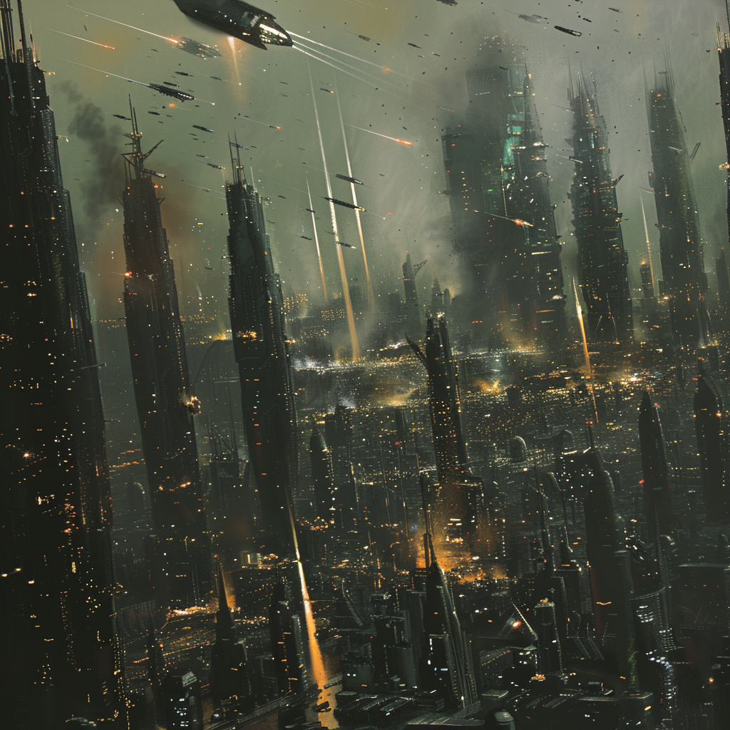 A futuristic cityscape under attack, with towering skyscrapers being hit by missiles and particle beams amidst explosions and smoke, reflecting a scene of intense aerial and ground warfare.