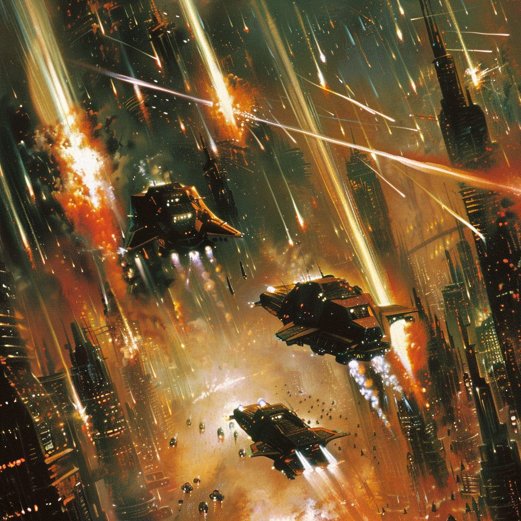 Explosions and beams fill the sky as spacecraft engage in battle over a futuristic capital city, capturing the intense atmosphere described in the book quote.