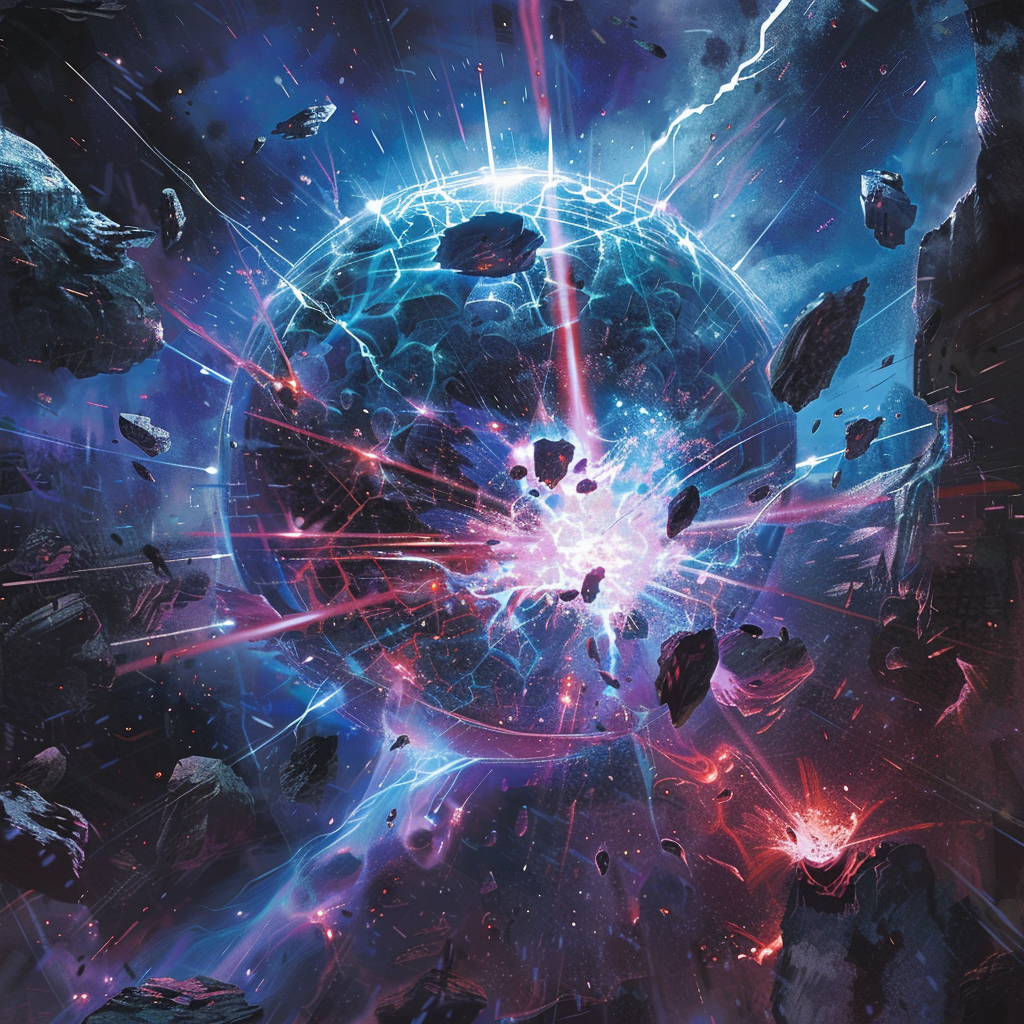 A space battle with a shattered crystalline warglobe surrounded by bright laser bolts and debris, echoing the book quote about the Thunderhead bridge crew firing lasers at the warglobe.