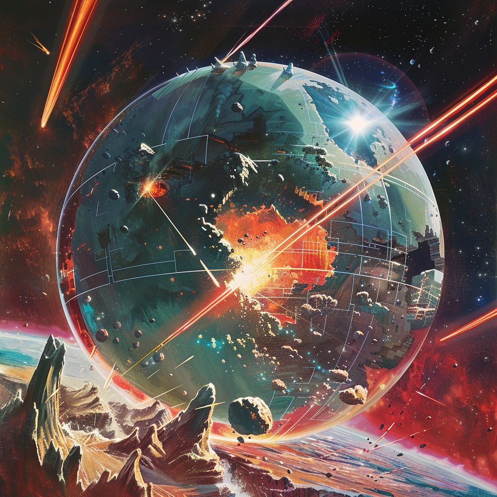 A crystalline warglobe is under fire, scarred and damaged by intense laser bolts, against a dramatic cosmic background, inspired by a sci-fi book quote.