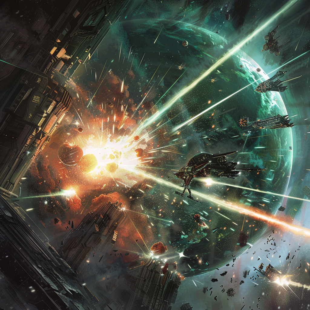 In a chaotic space battle, the Thunderhead bridge crew fires lasers at a crystalline warglobe. High-energy particle beams streak across the scene as the warglobe is scratched and scarred.