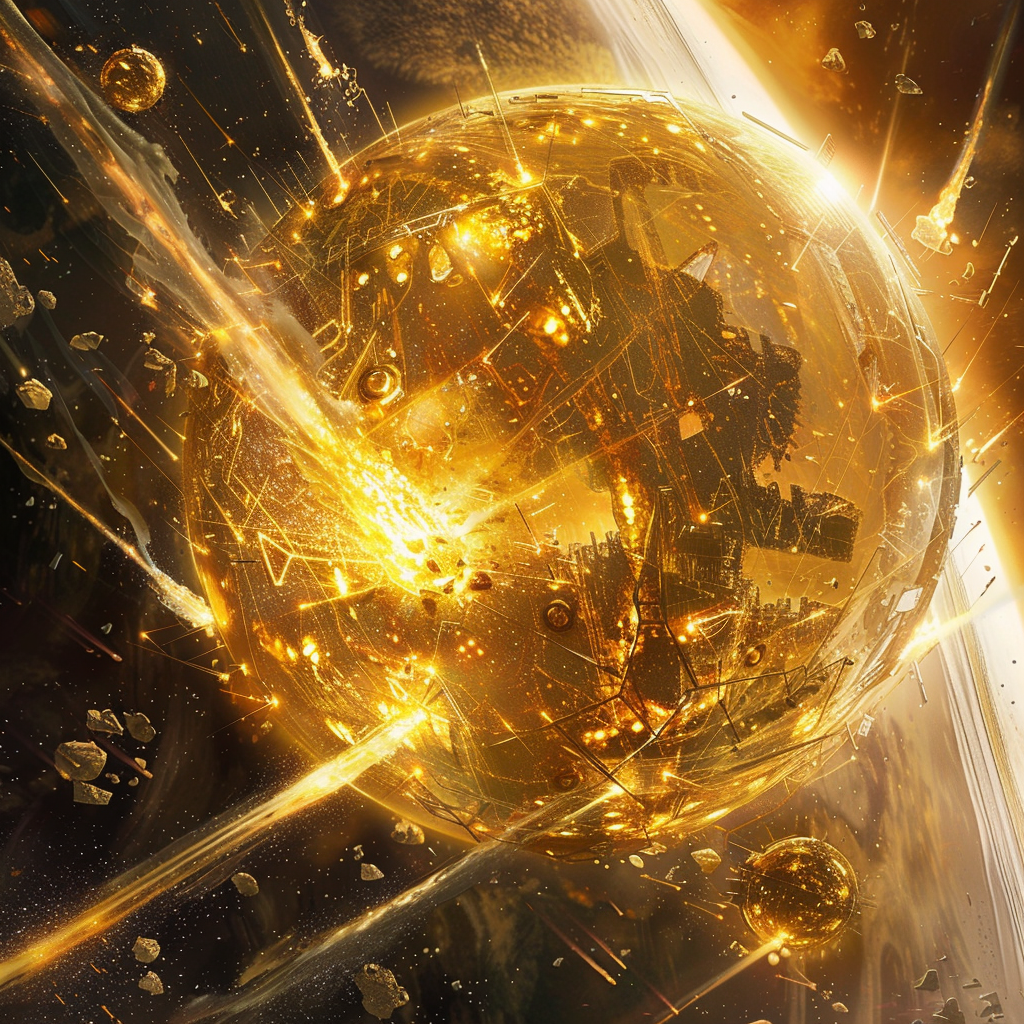 A golden, crystalline warglobe floats in space, surrounded by high-energy particle lasers and Jazer bolts, which leave scratches and scars on its surface, inspired by a thrilling sci-fi book quote.