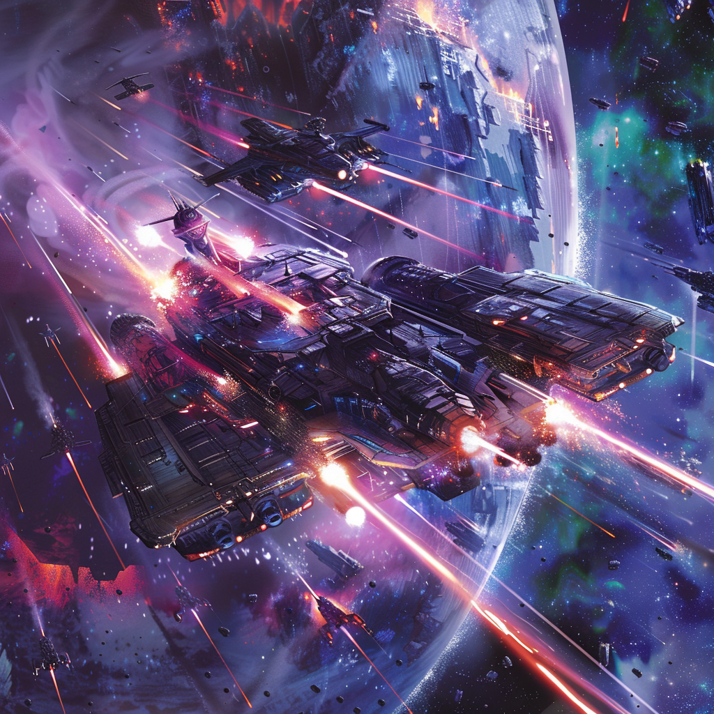 A thrilling space battle with the Thunderhead bridge crew firing high-energy laser bolts at a crystalline warglobe against a cosmic backdrop. The warglobe shows visible damage from the assault.