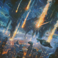Explosions light up the night sky over a futuristic city, with missiles, fiery projectiles, and spaceships engaging in intense aerial combat, echoing a chaotic and vivid sci-fi scene described in the book.