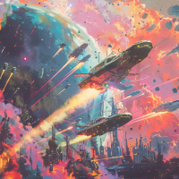 Futuristic spacecraft engaging in a vivid, colorful battle above a capital city, with explosions and defensive fire illuminating the scene against a backdrop of a large planet.