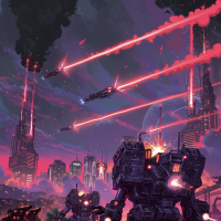 A futuristic city skyline under attack, with explosions and laser beams lighting the sky. Mechanical war machines defend against incoming aircraft, creating a chaotic and dramatic scene.