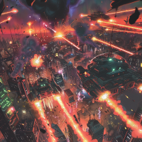 A futuristic city under heavy attack with explosions, particle beams, and bright trails of defense fire lighting up the sky, inspired by a book quote describing a battle over a capital city.